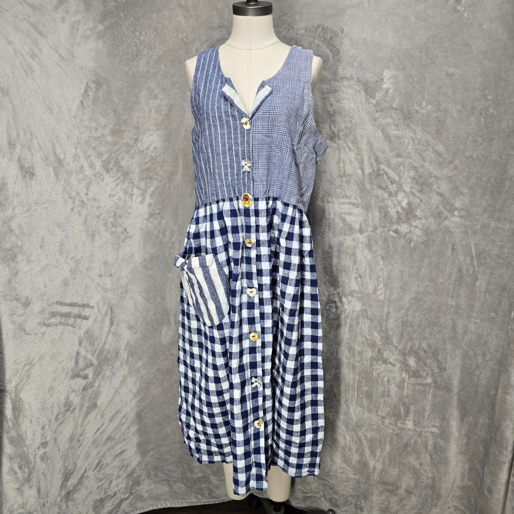 Vtg Dogwood Lane Midi Dress Womens L Gingham Striped Linen Patch Farm‎ Lagenlook